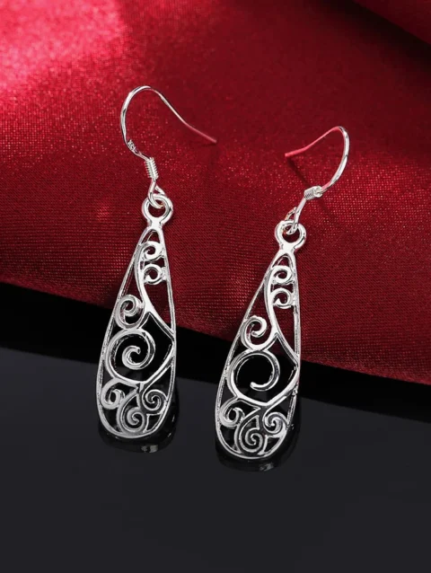 Hot sale 925 Sterling Silver Carved drop shape Earrings Women fashion Jewelry Christmas Gifts party vintage long earrings