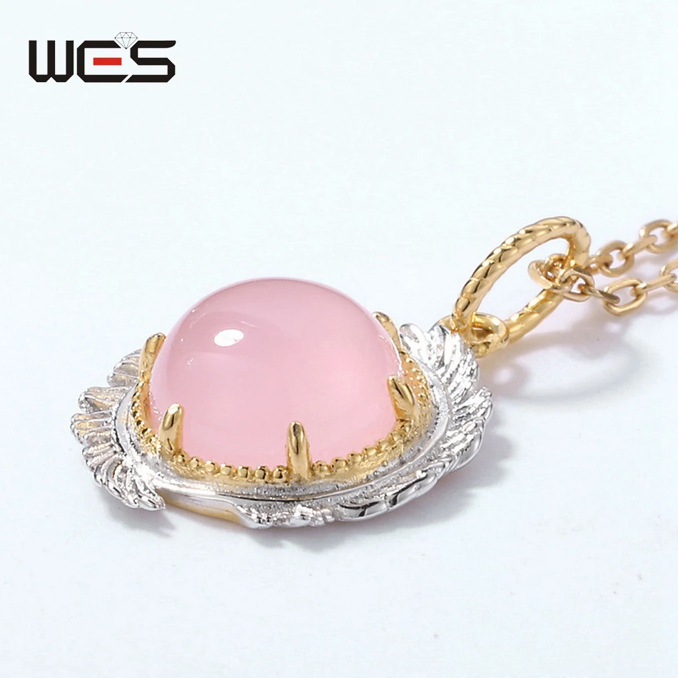 WES 925 Sterling Silver Pendant Necklace for Women 8*8mm Rose Quartz Christmas Party Gifts Fashion Jewelry Gold Plated Wholesale - Image 3