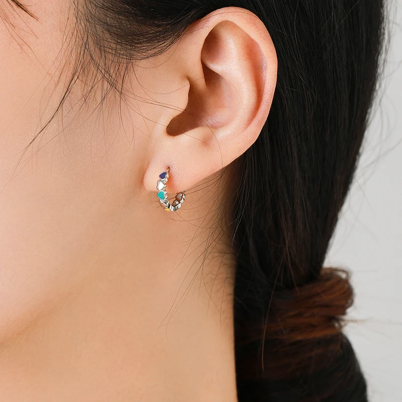 Modian Real 925 Sterling Silver Multicolour Enamel Hoop Earrings Love Hearts Ear Buckles For Women Original Design Fine Jewelry - Image 2