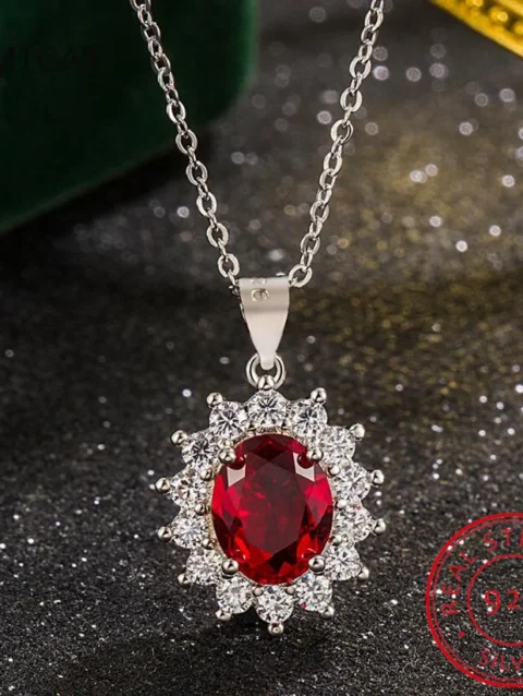 Princess Diana Same Necklace Luxury Created Ruby Pendant Necklace Women 925 Sterling Silver Chain Necklace Wedding Jewelry