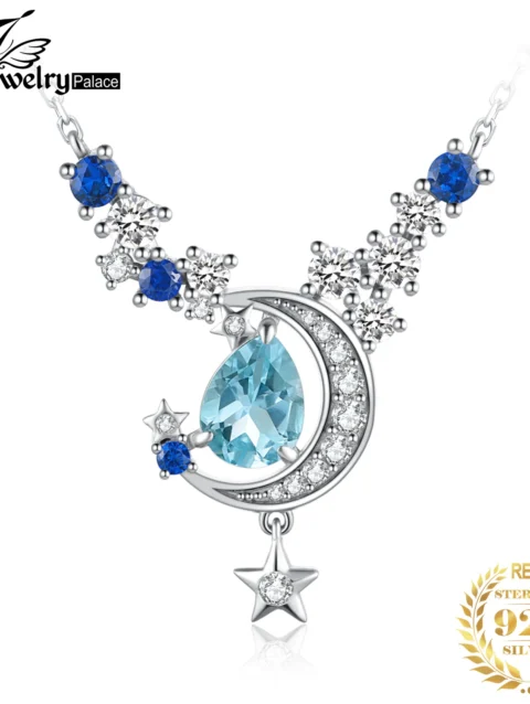 JewelryPalace New Moon Star 4.5ct Genuine Sky Blue Topaz Created Sapphire 925 Sterling Silver Pendant Necklace for Woman 45cm