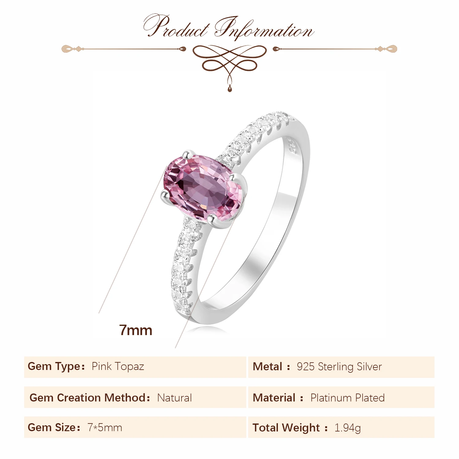 Potiy Genuine Natural Oval Pink Topaz 925 Sterling Silver Solitaire Ring for Woman Fashion Gemstone Fine Jewelry Wedding - Image 2