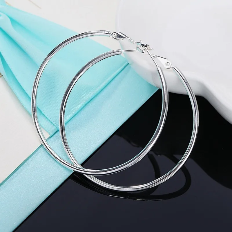 925 Sterling Silver Smooth 50/60/70/80mm Round Circle Hoop Earrings For Women Fashion Charm Engagement Wedding Jewelry - Image 2