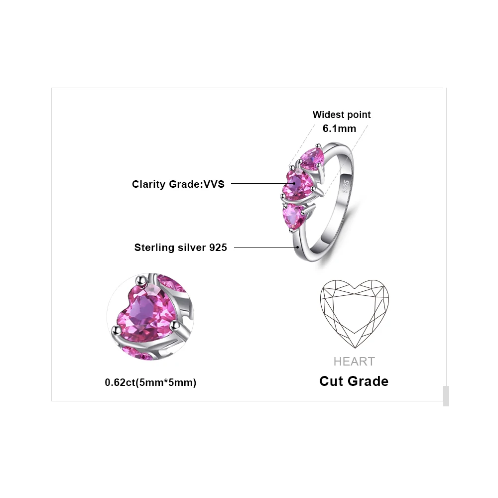 JewelryPalace Love Heart 1.2ct Created Pink Sapphire 925 Sterling Silver 3 stone Ring for Women Fashion Engagement Wedding Gift - Image 5