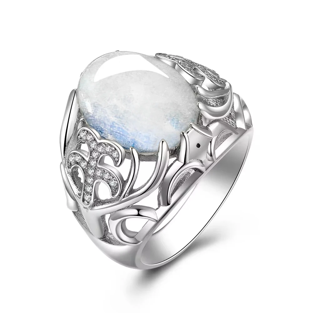 925 Sterling Silver Ring Natural Stone Moonstone for Women Flower Shaped Hollow Ring Fashion Exquisite Jewelry Gift Retro - Image 5