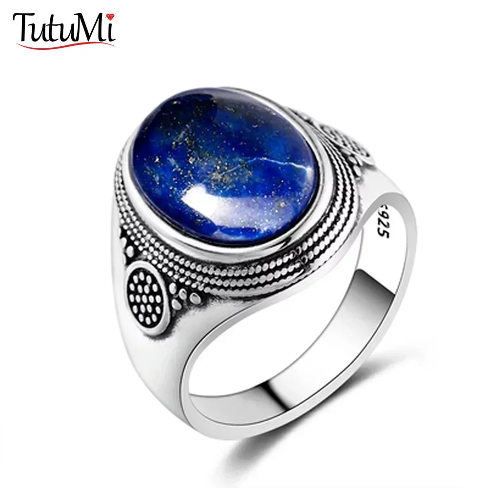 925 Sterling Silver Ring Oval Natural Lapis Rings for Men Women Anniversary Gift Vintage Jewelry