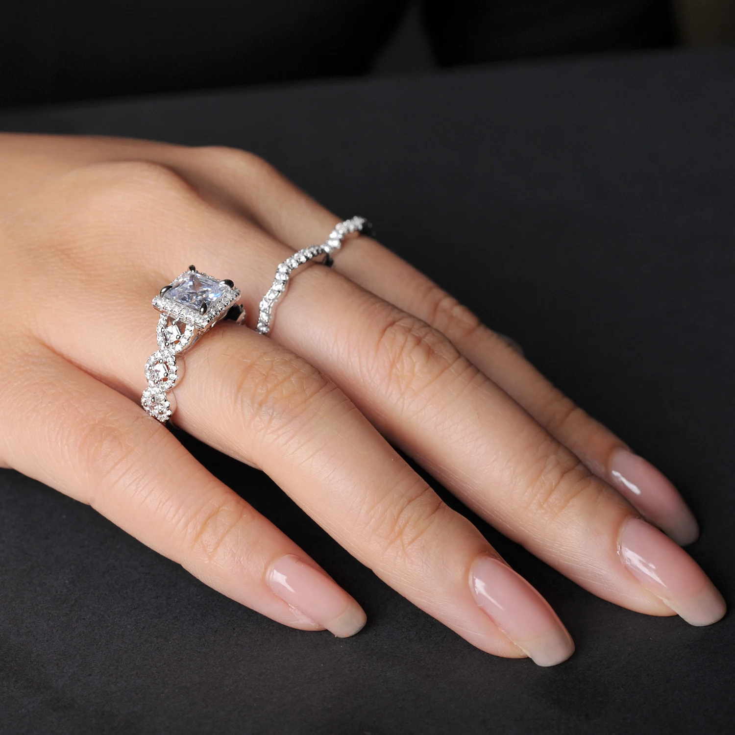 Potiy 3Pcs 925 Sterling Silver Halo Wedding Engagement Ring Set for Women 2.9ct Princess Cut AAAAAA CZ Fashion Jewelry - Image 2