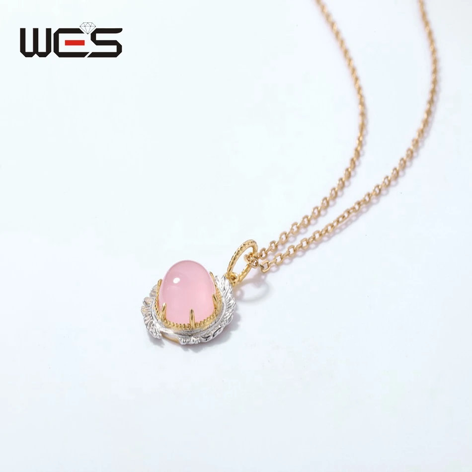 WES 925 Sterling Silver Pendant Necklace for Women 8*8mm Rose Quartz Christmas Party Gifts Fashion Jewelry Gold Plated Wholesale - Image 4