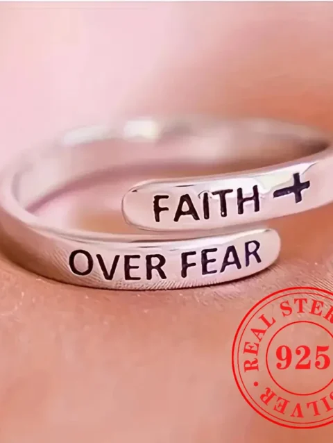 Huitan 925 Sterling Silver Faith Over Fear Opening Rings for Everyone Encouraging Cheer Up Rings Trendy Birthday Gifts Jewelry