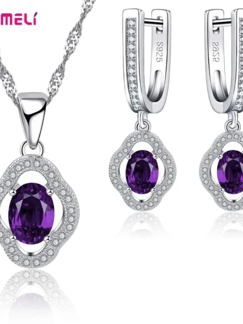 Vintage Real Pure 925 Sterling Silver Gift Jewelry Sets for Women Female Shiny Cubic Zircon Pendant Necklace Huggie Earrings