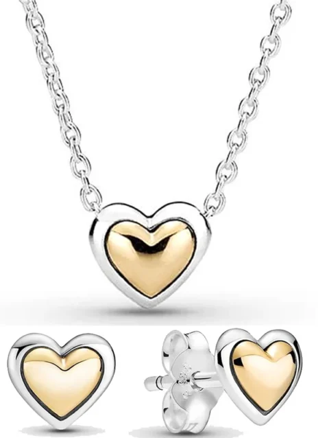 Authentic 925 Sterling Silver Domed Golden Shine Heart Earring Necklace For Women Jewelry Set Gift