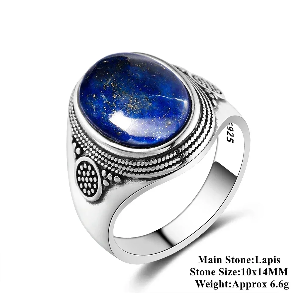925 Sterling Silver Ring Oval Natural Lapis Rings for Men Women Anniversary Gift Vintage Jewelry - Image 6