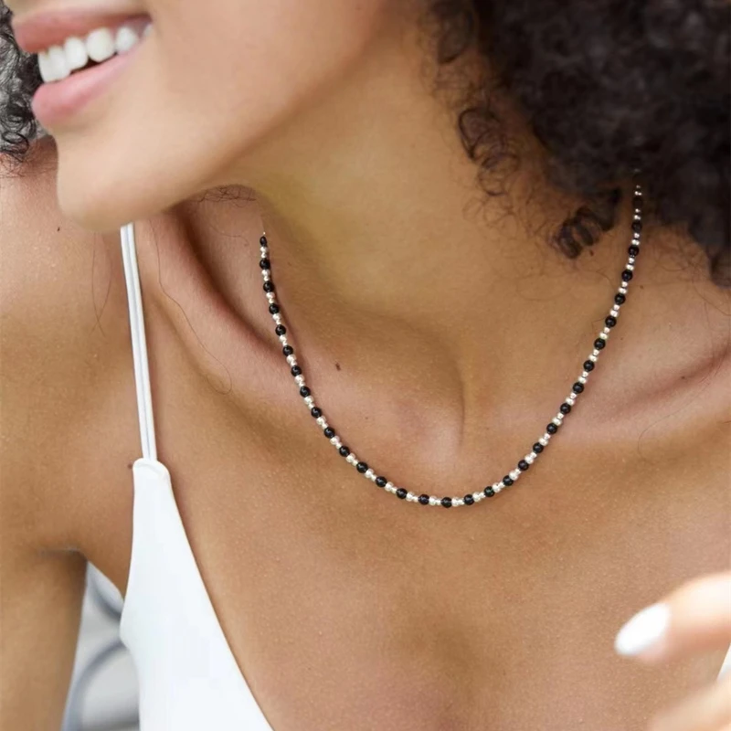 925 Sterling Silver Spaced Black Agate Beads Chokers Necklace For Women Simple Stack Multipurpose Chic Chains Necklaces 2023 New - Image 2
