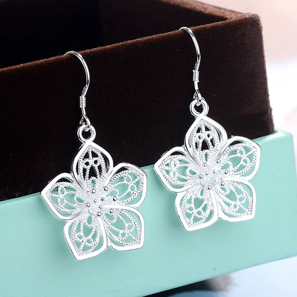 Hot High Quality Retro Pretty Flowers 925 Sterling Silver Earrings for women Fashion luxury party wedding Jewelry fine gifts - Image 2