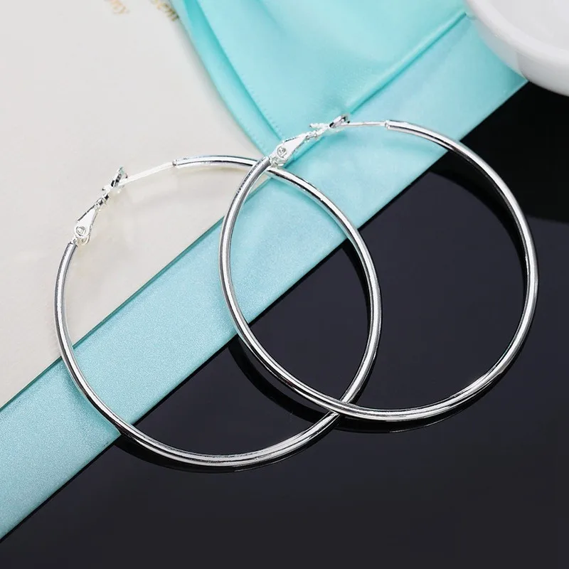 925 Sterling Silver Smooth 50/60/70/80mm Round Circle Hoop Earrings For Women Fashion Charm Engagement Wedding Jewelry - Image 4