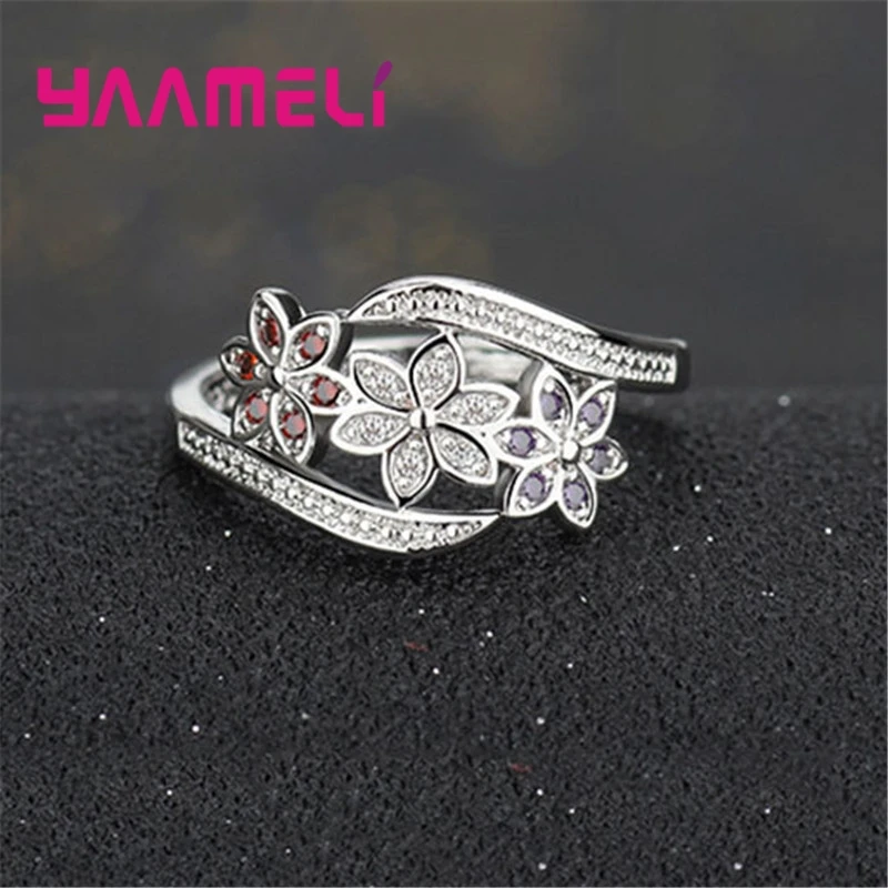 Elegance Three Color CZ Crystal Flower Ring Women Girls Fashion 925 Sterling Silver Ring Wedding Lady Jewelry - Image 4