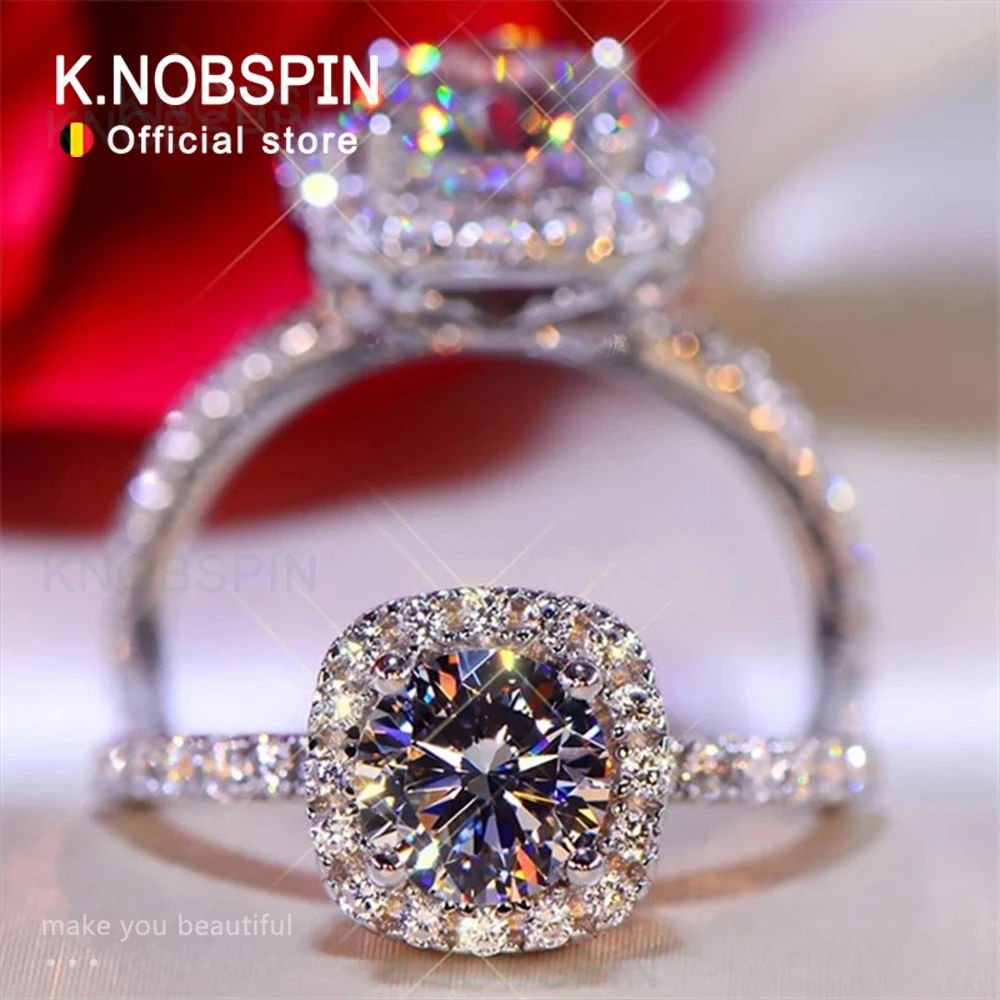KNOBSPIN D Color Round Moissanite Ring 925 Sterling Silver Plated with 18k White Gold Rings for Women Wedding Band Fine Jewelry