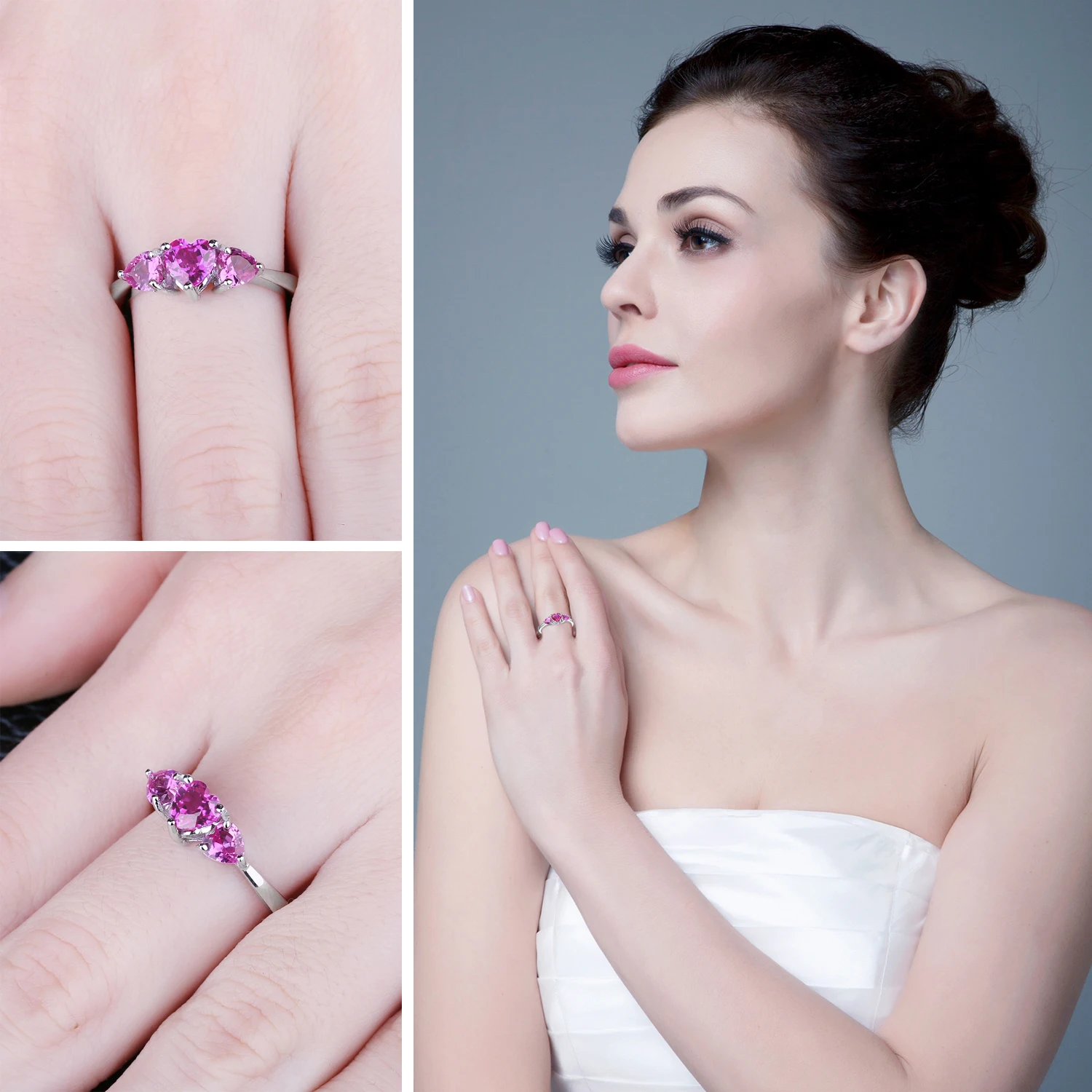JewelryPalace Love Heart 1.2ct Created Pink Sapphire 925 Sterling Silver 3 stone Ring for Women Fashion Engagement Wedding Gift - Image 3