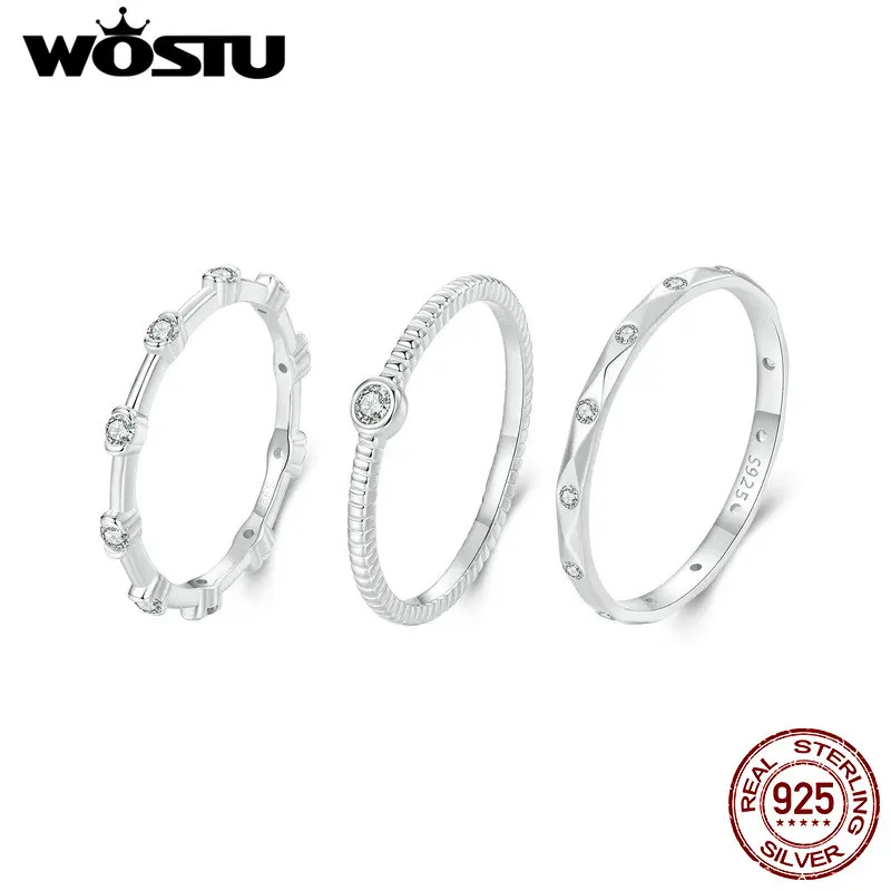 WOSTU 925 Sterling Silver Simple Geometric Stackable Ring For Women Wedding Engagement Shiny Zircon Promise Rings Party Jewelry