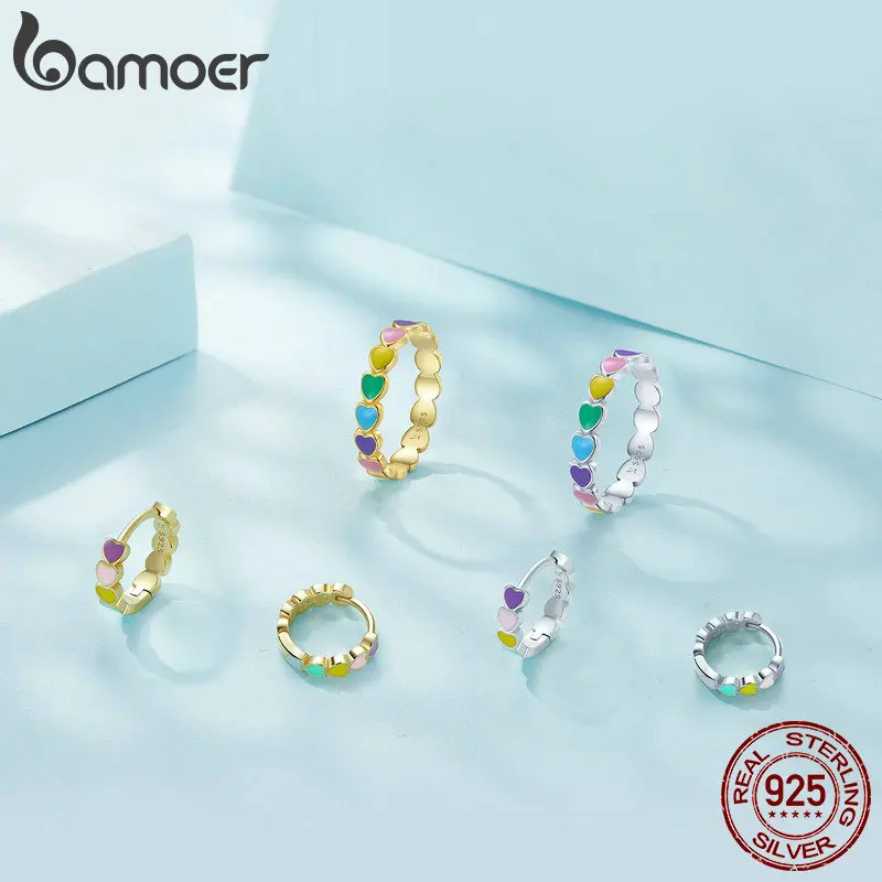 Bamoer 925 Sterling Silver Rainbow Series Heart to Heart Ring & Earrings Jewelry Set for Women Fine Jewelry Gift - Image 2