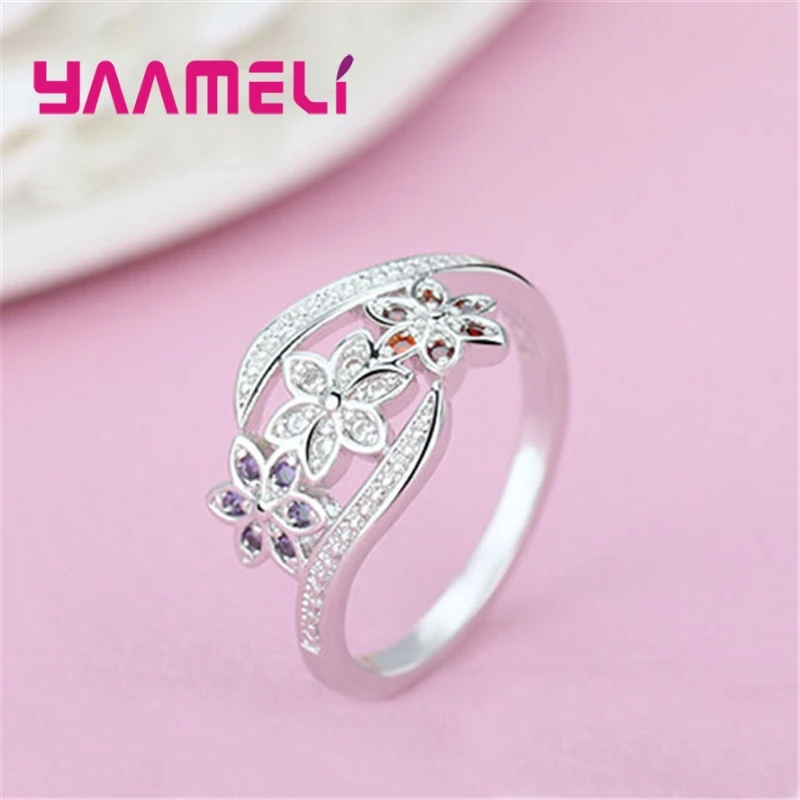 Elegance Three Color CZ Crystal Flower Ring Women Girls Fashion 925 Sterling Silver Ring Wedding Lady Jewelry - Image 2