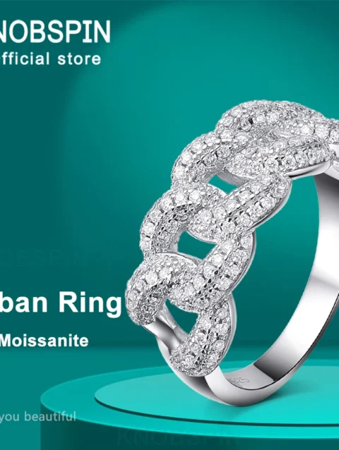 KNOBSPIN 8mm Full Moissanite Cuban Ring 925 Sterling Sliver Plated 18k Eternity Band Hip Hop Ring for Woman Man Sparkling Jewely