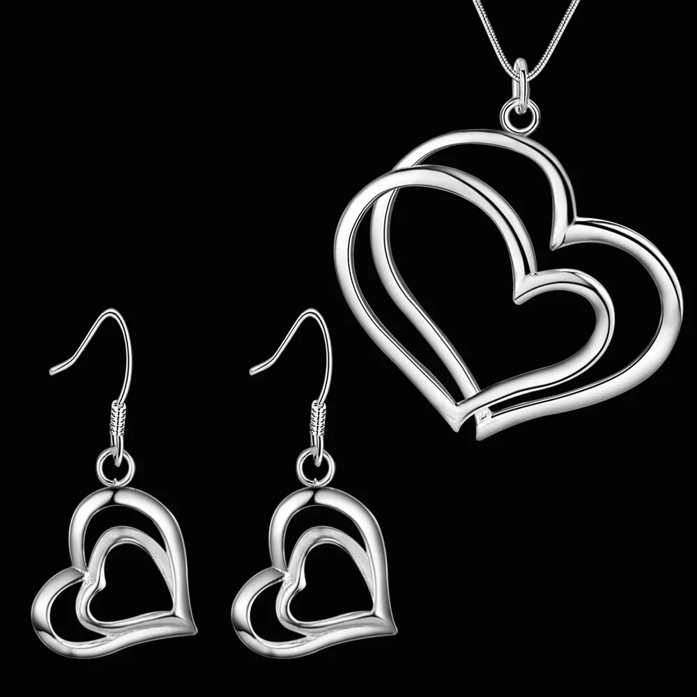 Charm Double Heart 925 Sterling Silver earrings necklace Jewelry sets for women Fashion Party wedding Pretty gifts