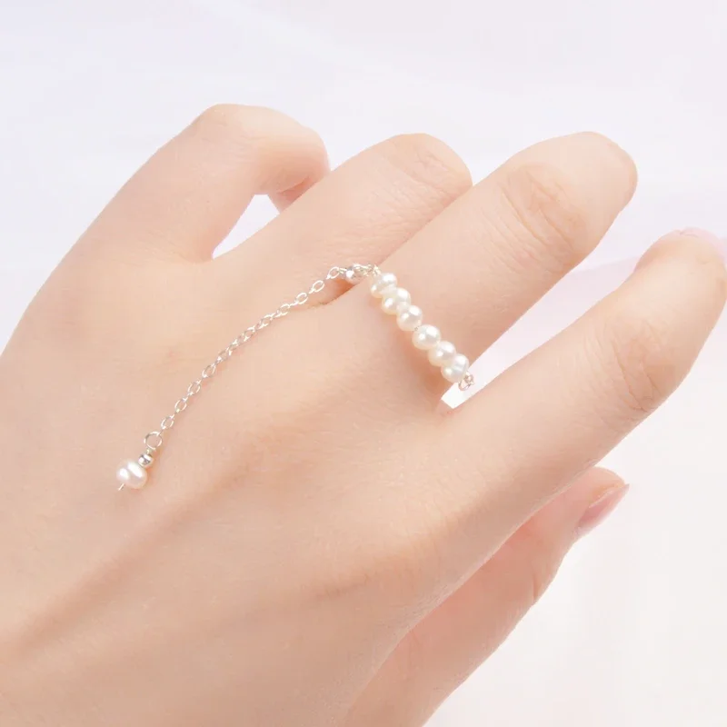 ASHIQI Natural Pearl 100% Real 925 Sterling Silver Tassel Adjustable Ring Women Handmade Freshwater Pearl Jewelry - Image 3