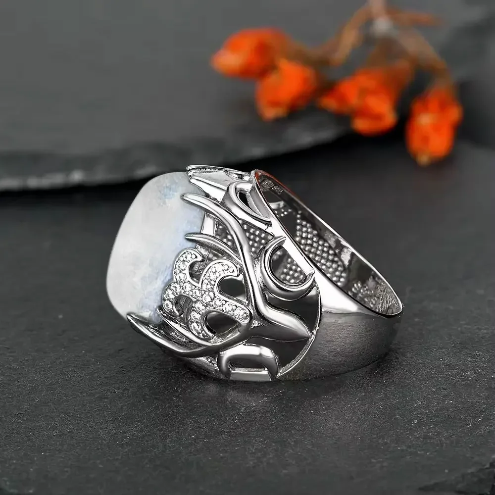 925 Sterling Silver Ring Natural Stone Moonstone for Women Flower Shaped Hollow Ring Fashion Exquisite Jewelry Gift Retro - Image 2