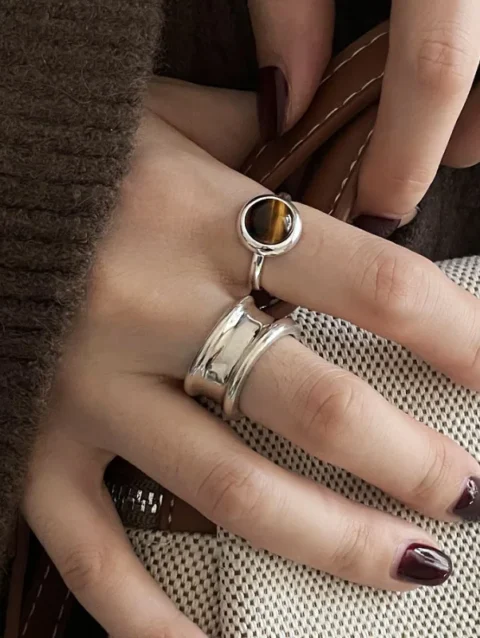 925 Sterling Silver Open Finger Ring Brown Stone Simple Geometric Stackable Punk For Women Girl Jewelry Gift Dropship Wholesale