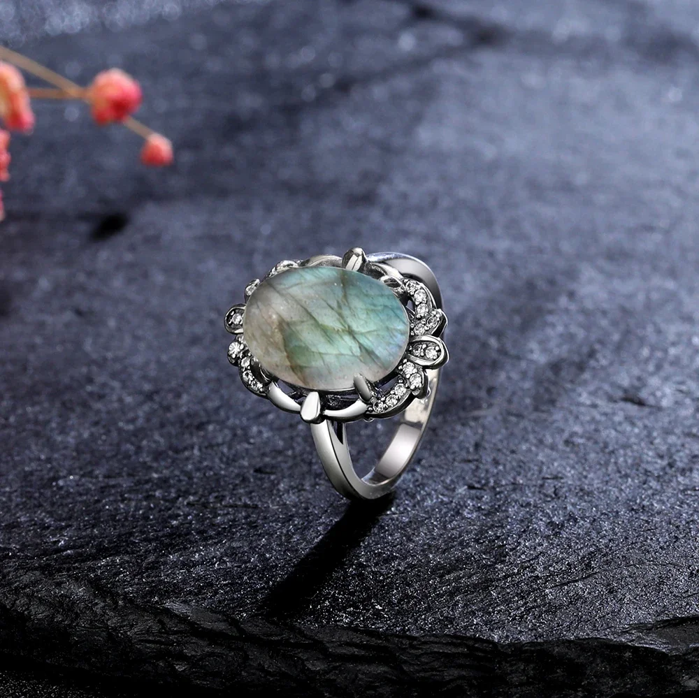 New Style 925 Sterling Silver Rings Natural Turquoise Lapis Lazuli Ring Luxury Fine 10*14MM Moonstone Labradorite Jewelry Gift - Image 6