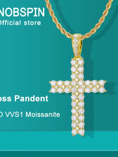 KNOBSPIN D VVS1 All Moissanite Cross Pendant Necklace Lab Grown Diamond Pass Tester with GRA s925 Sliver Necklaces for Women Man