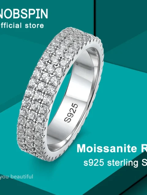 KNOBSPIN Full Moissanite Ring 925 Sterling Sliver Plated 18k Eternity Band Hip Hop Rings for Woman Man Party Sparkling Jewely