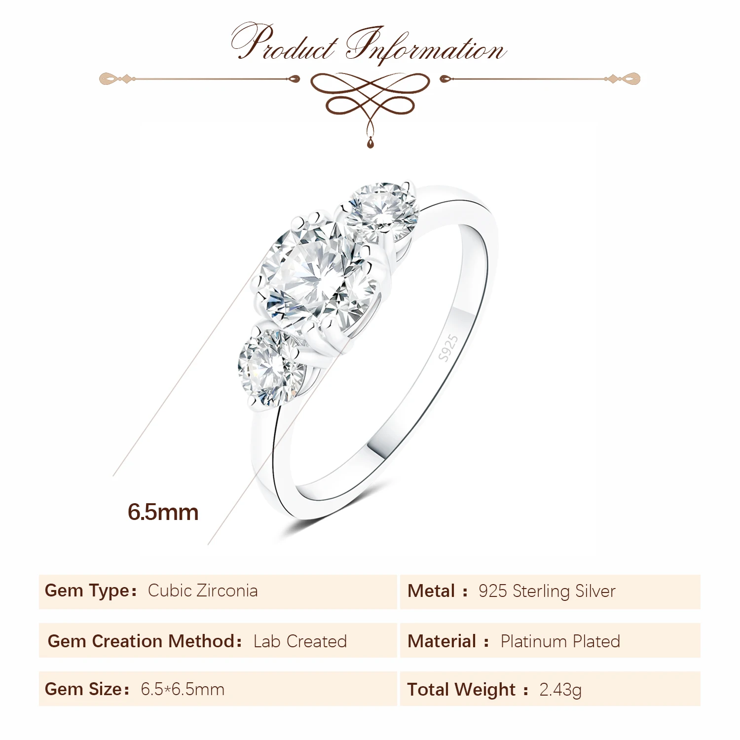Potiy 3 Stone 1ct Round Cut Cubic Zirconia Wedding Engagement Ring Promise Ring Anniversary Gift For Her 925 Sterling Silver - Image 5