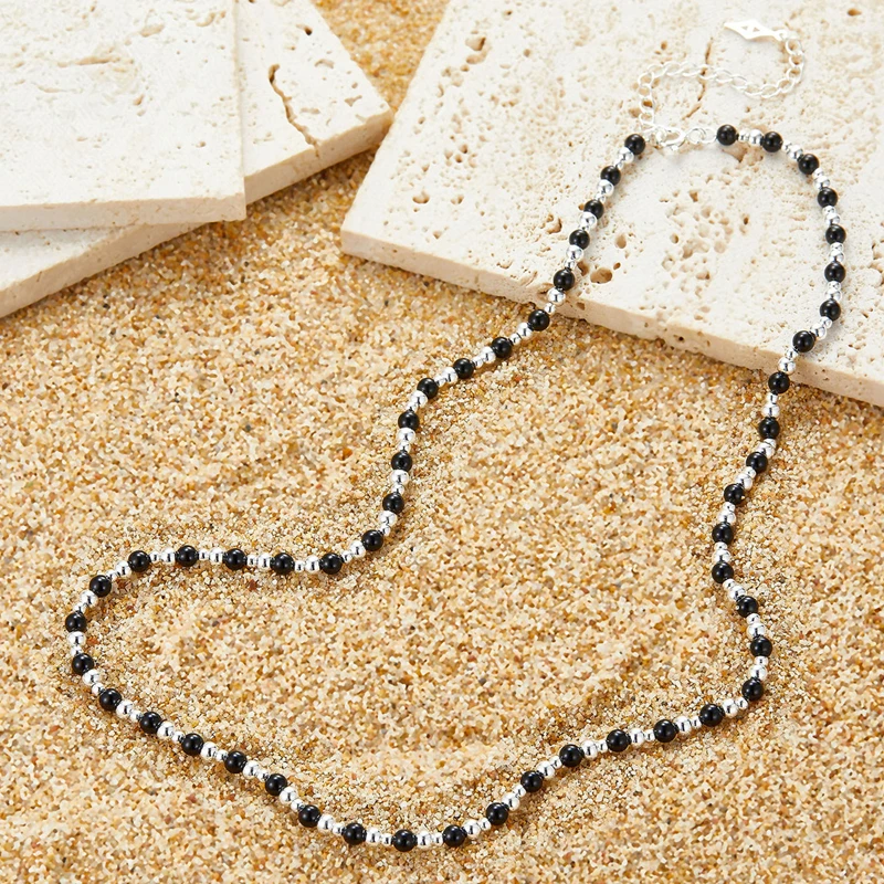 925 Sterling Silver Spaced Black Agate Beads Chokers Necklace For Women Simple Stack Multipurpose Chic Chains Necklaces 2023 New - Image 4