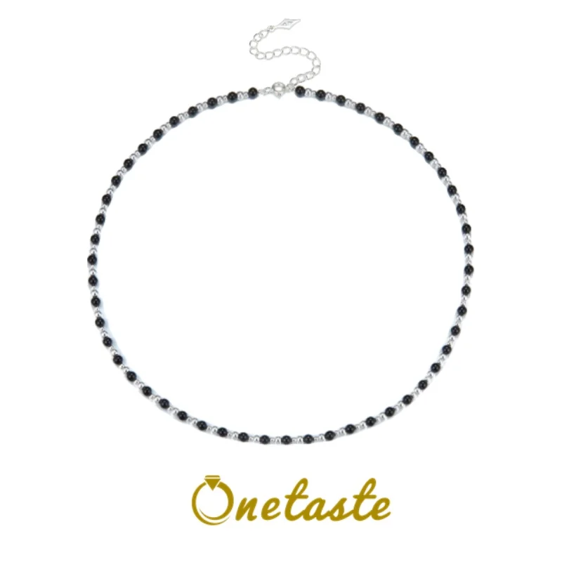 925 Sterling Silver Spaced Black Agate Beads Chokers Necklace For Women Simple Stack Multipurpose Chic Chains Necklaces 2023 New