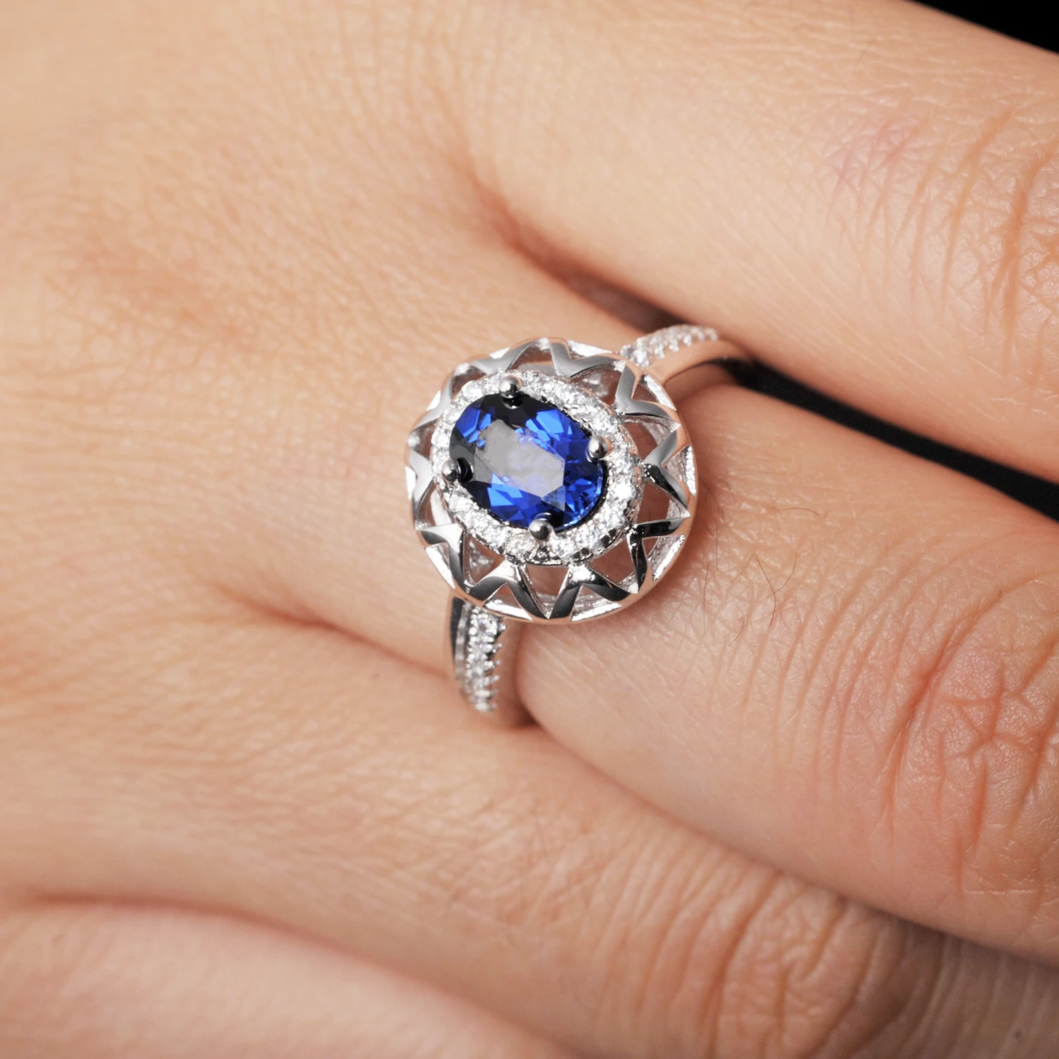 Potiy Created Blue Sapphire 925 Sterling Silver Rings for Women Fashion Statement Gemstone Jewelry Halo Engagement Ring - Image 4