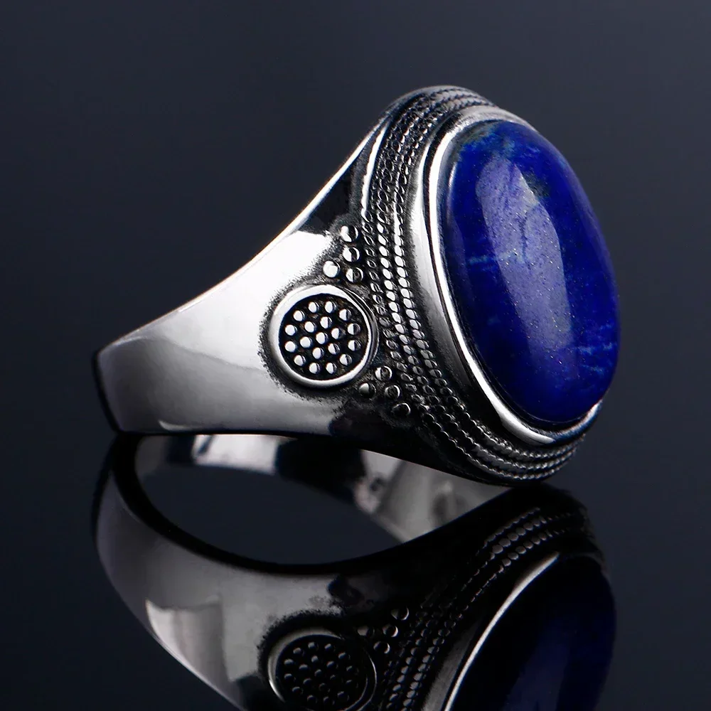 925 Sterling Silver Ring Oval Natural Lapis Rings for Men Women Anniversary Gift Vintage Jewelry - Image 4