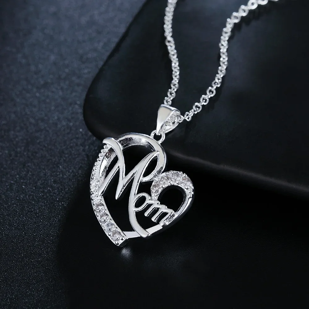 High quality 925 Sterling Silver Charm Elegant MOM Zircon Heart Pendant Necklace for Women Fashion fine Jewelry Mother Day Gift - Image 2