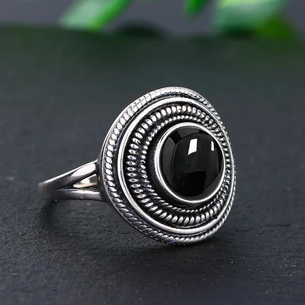 925 Sterling Silver Natural Black Agate Jewelry Round 8mm Labradorite Vintage Rings for Women Gift Fine jewelry - Image 6