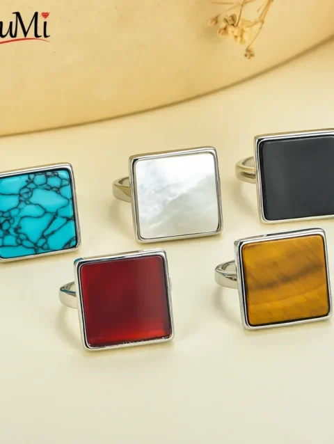 Vintage Silver Natural 14mm square Ring 925 Sterling Silver Simple Ring Luxury Fine Jewelry Gift for Women girls