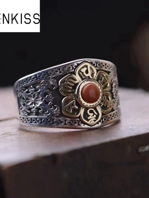 QEENKISS 925 Sterling Silver Lotus Ring for Men Vintage Word Adjustable Ring Fine Jewelry Wedding Party Groom Father Gift RG6954
