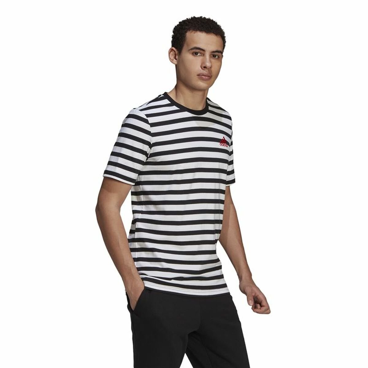 Men’s Short Sleeve T-Shirt Essentials Stripey Adidas Embroidered Logo Black - Image 10