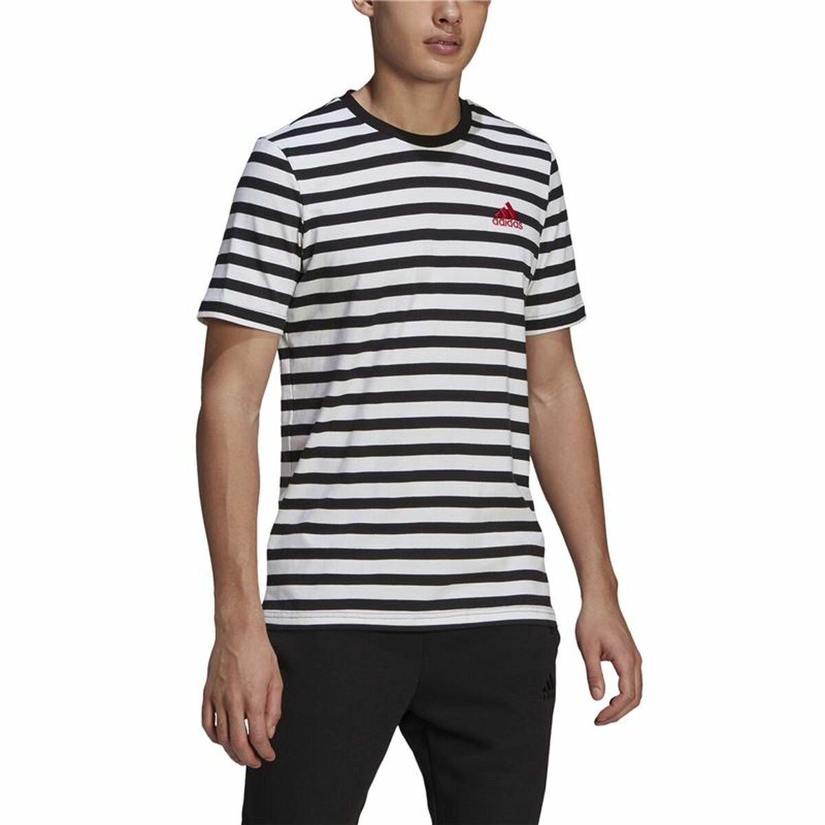 Men’s Short Sleeve T-Shirt Essentials Stripey Adidas Embroidered Logo Black - Image 9